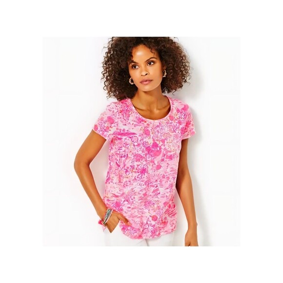 LILLY PULITZER Etta T Shirt Slub Knit Top PEONY PINK SEASIDE SCENE Large - Picture 1 of 8